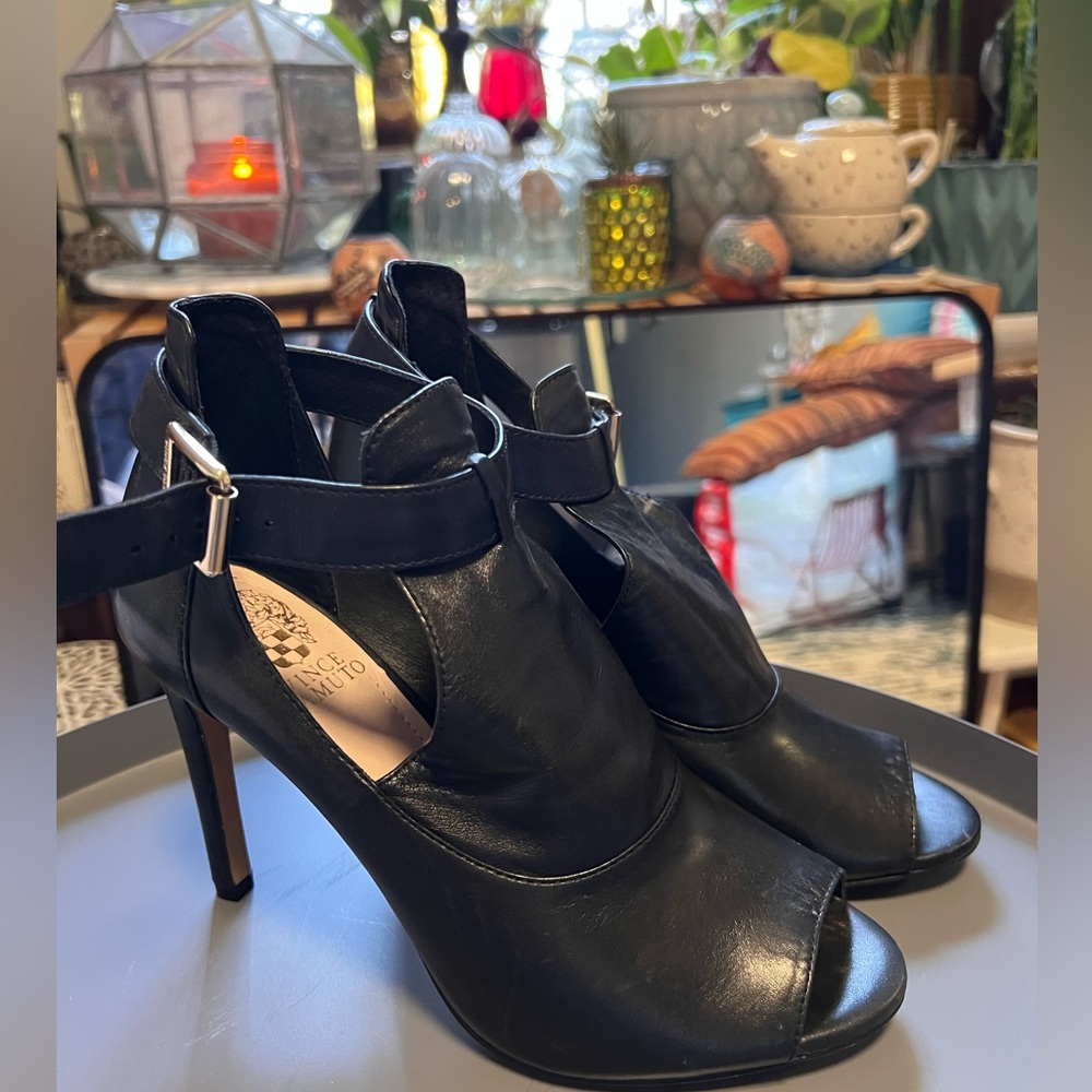 Vince Camuto Black Leather Peep-Toe Ankle-Strap Stilettos